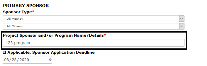 Primary sponsor section of the funding page with Project/Sponsor and/or program Name/Details field highlighted