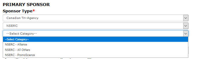 Primary sponsor section of the funding page with sponsor type type drop-downs opened based on Canadian Tri-agency > NSERC selection