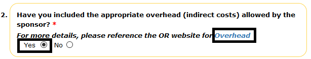 Funding question section of the funding page display the link Overhead in Question 2