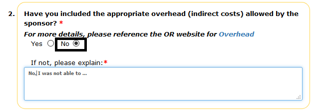 Funding question section of the funding page with question 2 help button for no selected and an additional field open