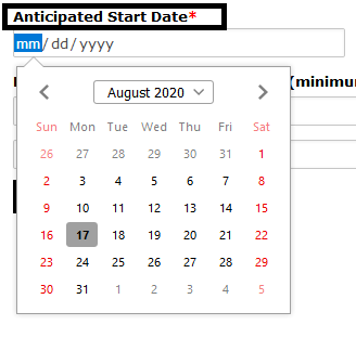 Anticipated start date selector open and highlighted