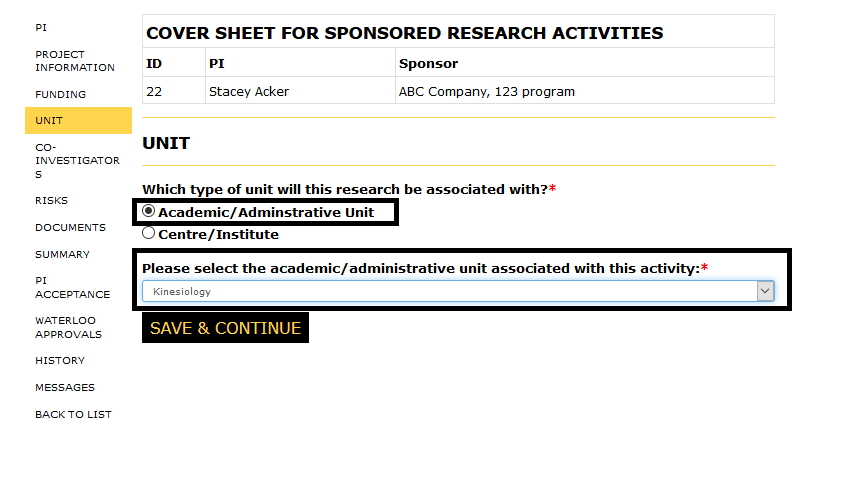 Unit page with unit Academic/Administrative help button selected and highlighted and the open unit dropdown list open and highlighted