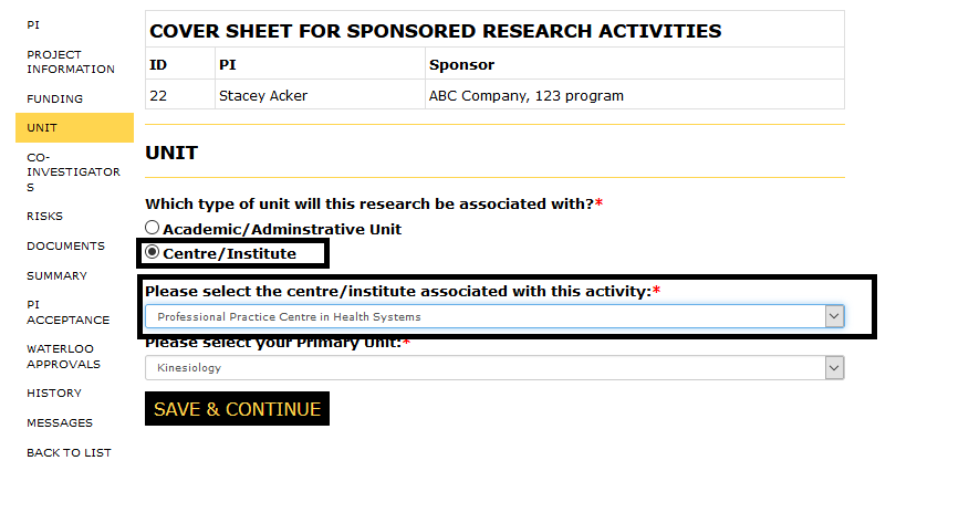 Unit page with unit Centre/Institute help button selected and highlighted and the open centre/inistute drop-down list open and highlighted