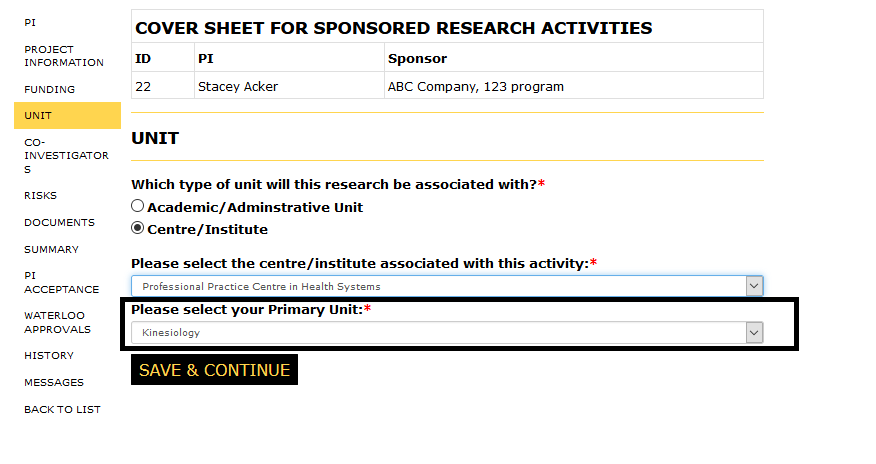 Unit page with primary unit selector highlighted