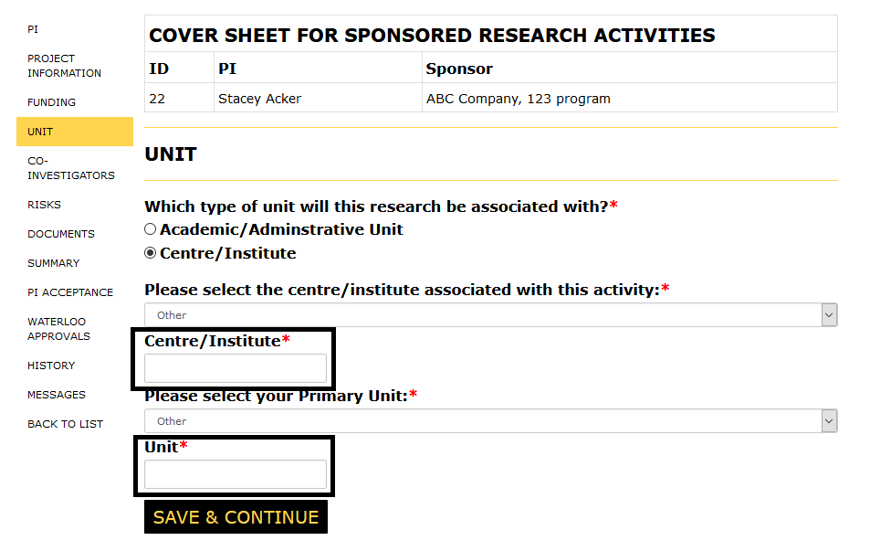 Unit page with Other selected for both drop-down and the centre/insitute and unit fields highlighted