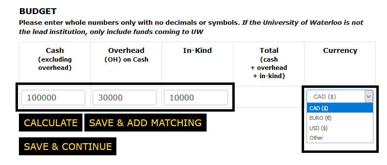 Budget section of the funding page with the editable fields andd the currency drop-down open highlighted