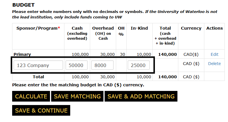 Budget section of the funding page with editable fields populated highlighted