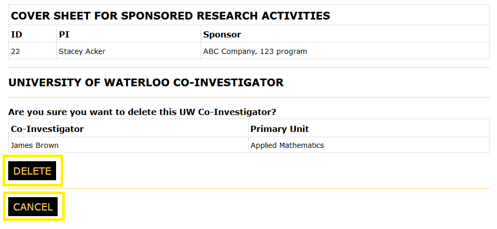 Delete Co-Investigator Confirmation page page with confirm and cancel buttons highlighted