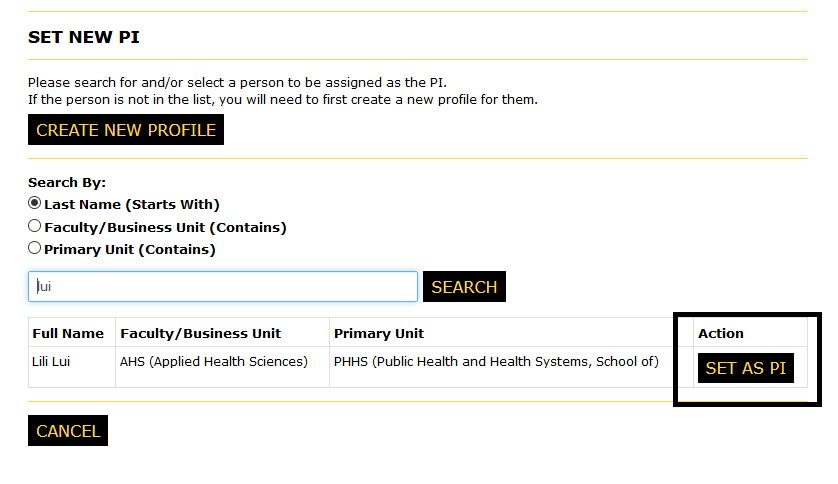 Search page with one user listed and the set as pi button highlighted