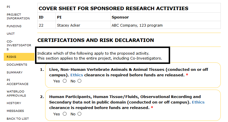 Risks page with instructions highlighted