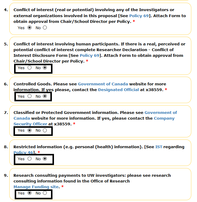 Risks page with yes and no help buttons highlighted for questions 4-9