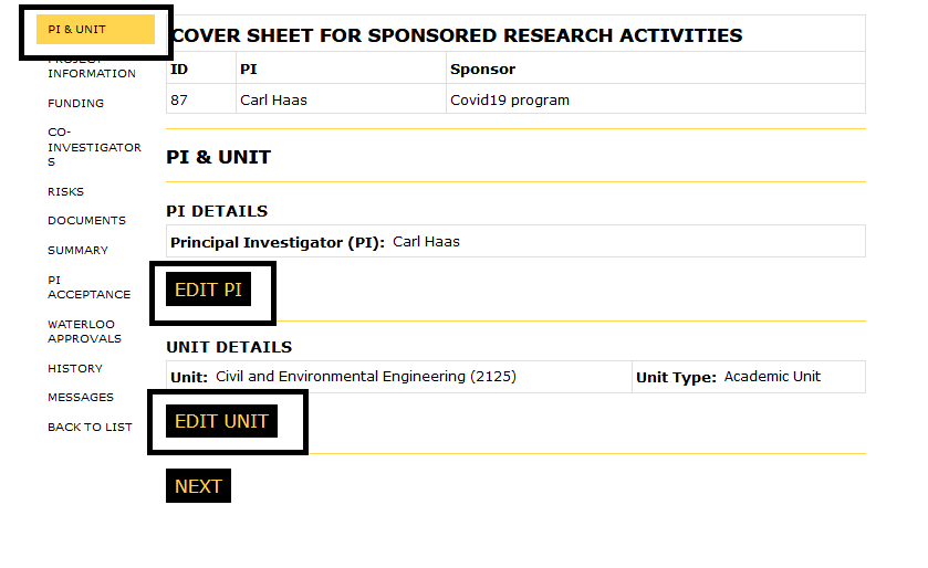 Principal Investigator view with pi and unit button in left-side nav, edit pi and edit unit buttons highlighted