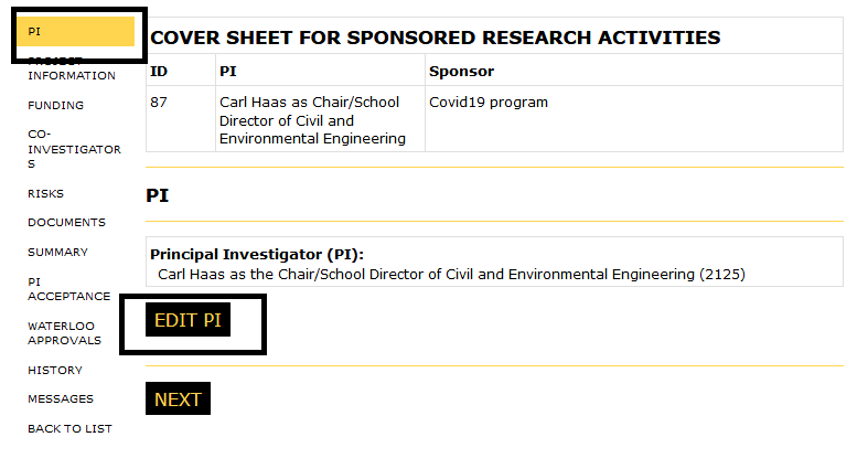 Principal Investigator view with pi button in left nav and edit pi buttons highlighted