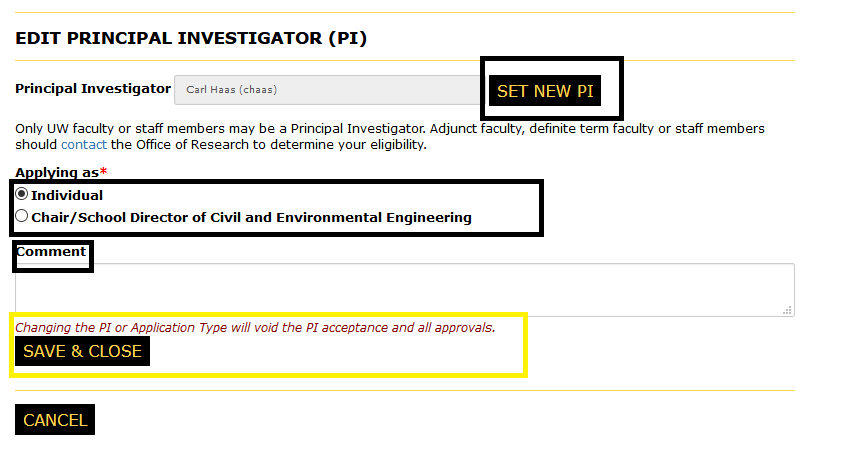 Principal Investigator page with MyselF help button and the save and continue button highlighted