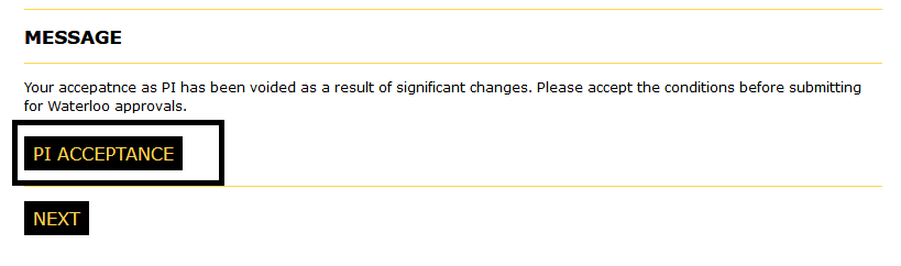 Message page with the PI Acceptance button highlighted