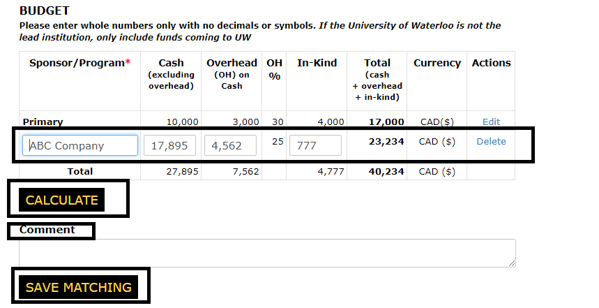 Budget section of the funding details page with the matching budget editable, calculate, comment label and save matching button highlight