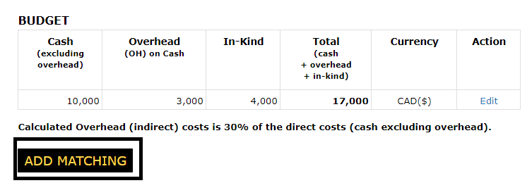 Budget section of the funding details page with the add matching button highlight