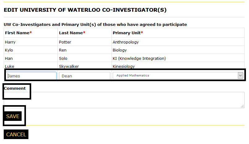 Co-I page with the selected co-i active inthe edit fields the comment label and the save button highlighted