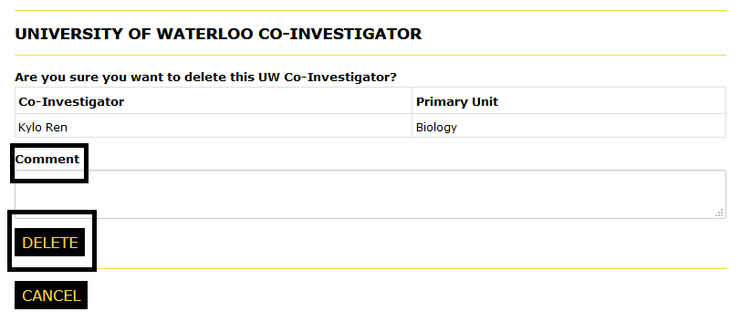 Co-I page with the delete button and comment label highlighted