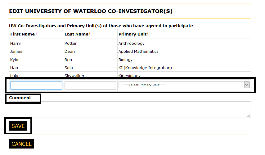 Co-Investigators page with new row and comment section and save button hghlighted