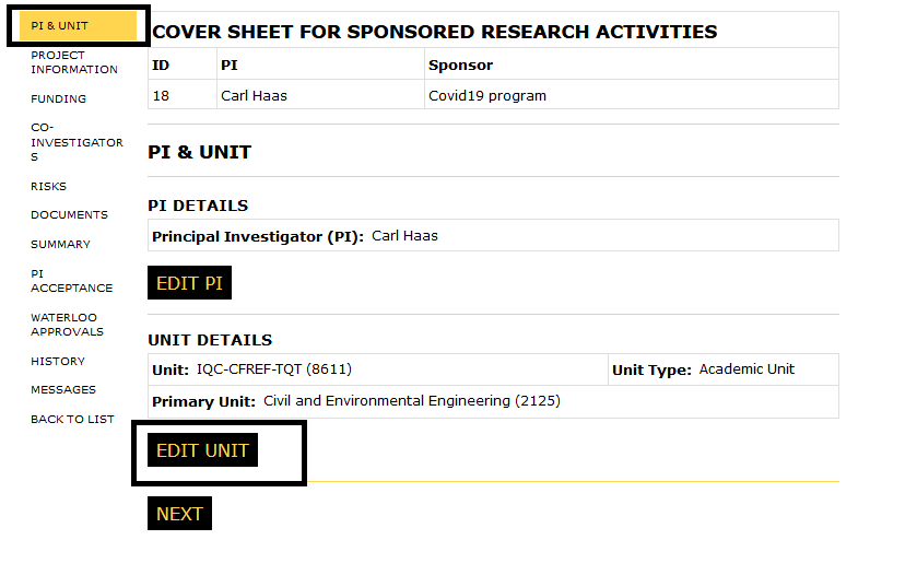 Principal Investigator view with pi and unit button in left nav, and edit unit buttons highlighted