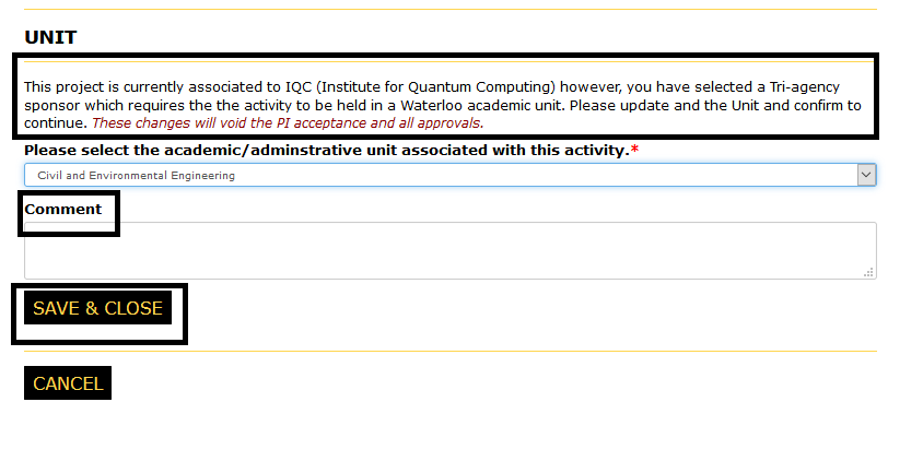 Unit page with the message, the comments label and the save and close button highlighted