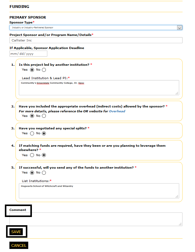 Edit primary sponsor page with the comment lable and the the save button highlighted
