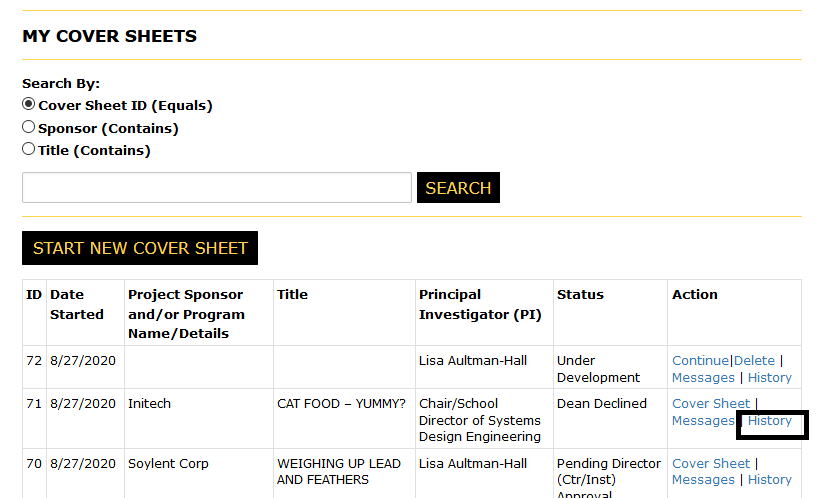 My Cover sheets page with the history link in the actions column highlighted