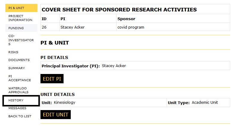 PI and unit page with the history button in the left-side navigation highlighted