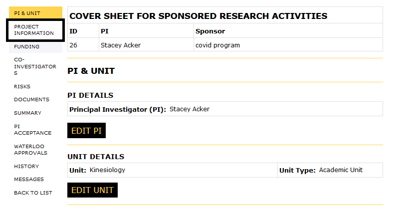 Principal Investigator view with Project Information navigation button highlighted