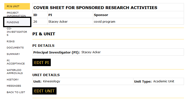 Principal Investigator view with Funding button in the left navigation highlighted