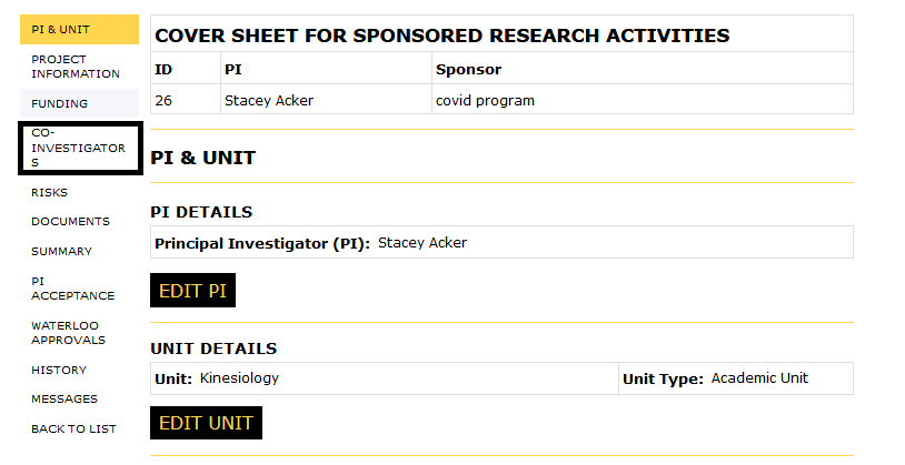 Principal Investigator view with the co-investigators button in the left navigation highlighted