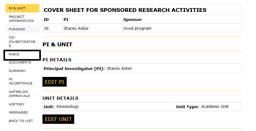 Principal Investigator view with risks button in left navigation highlighted