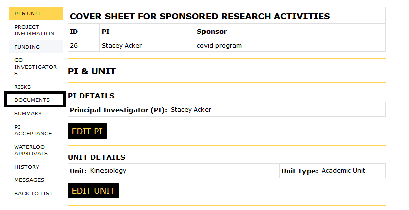 Principal Investigator view with the documents button in the left navigation highlighted