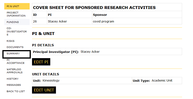 Principal Investigator view with Summay button highlighted in the left navigation