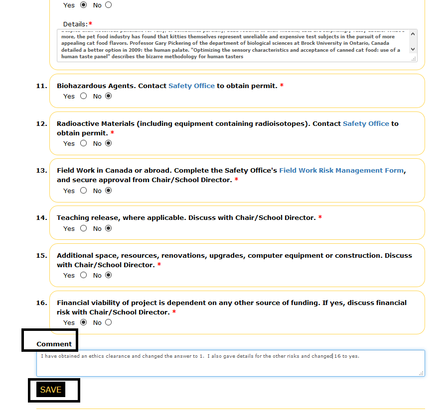 Risks page comment label and save button highlighted