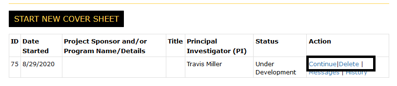 My cover sheets page with the delete and continue links highlited in the actions column