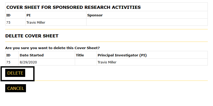 Delete cover sheet page with the delete button highlighted