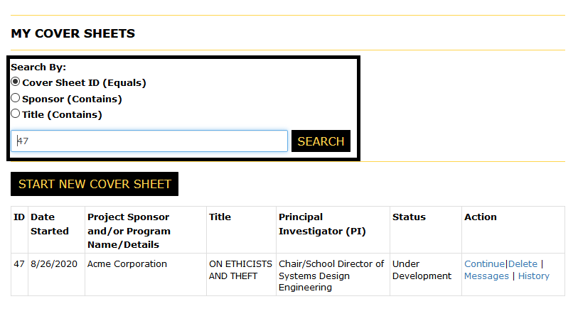 My cover sheets page with the search tool highlighted