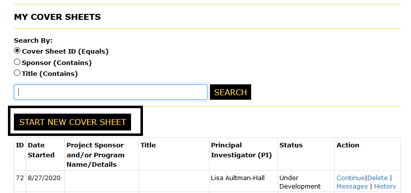 My cover sheets page with start new cover sheet button highlighted