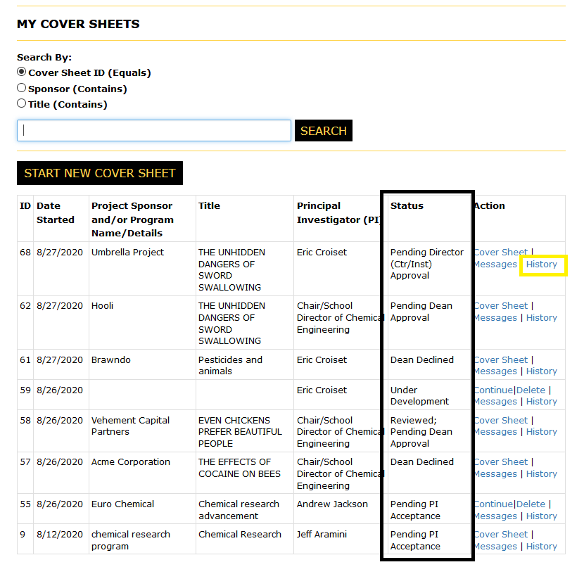 My Cover Sheets view with the status column and the History link highlighted