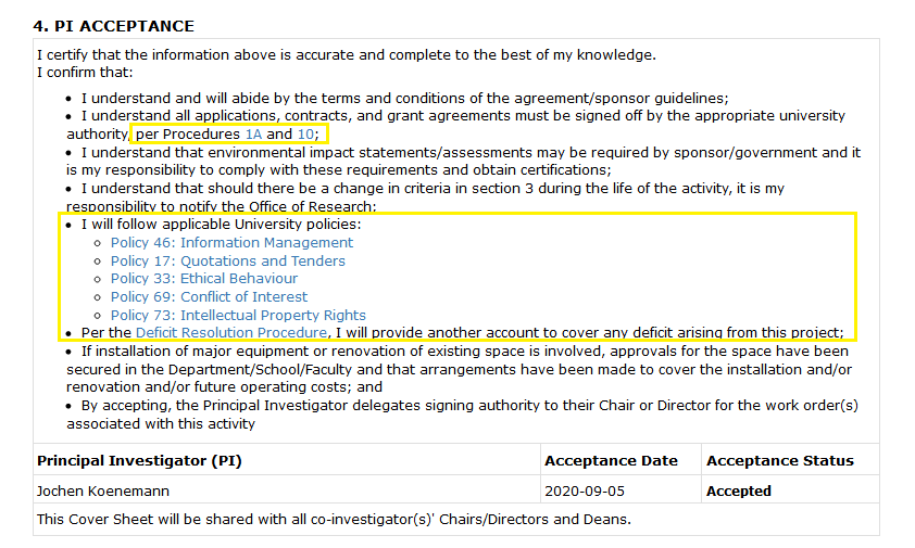 Cover Sheet page displaying the PI acceptance section with link highlighted