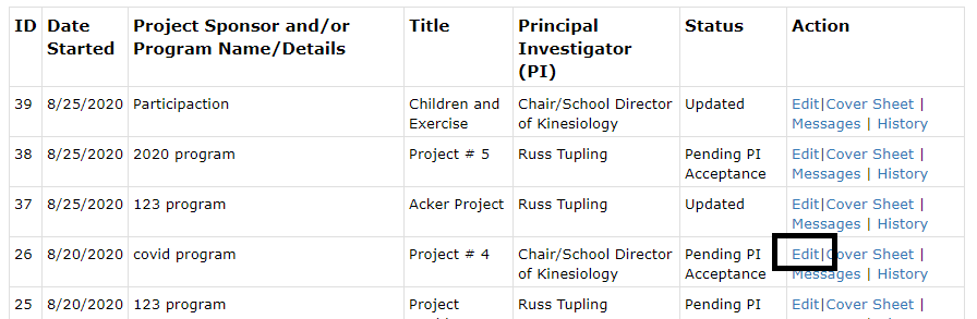 Cover Sheet page with the Edit link highlited in the actions column