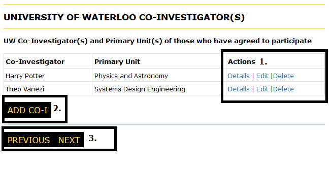 Co-inveatigators page with labelled 1 - 3